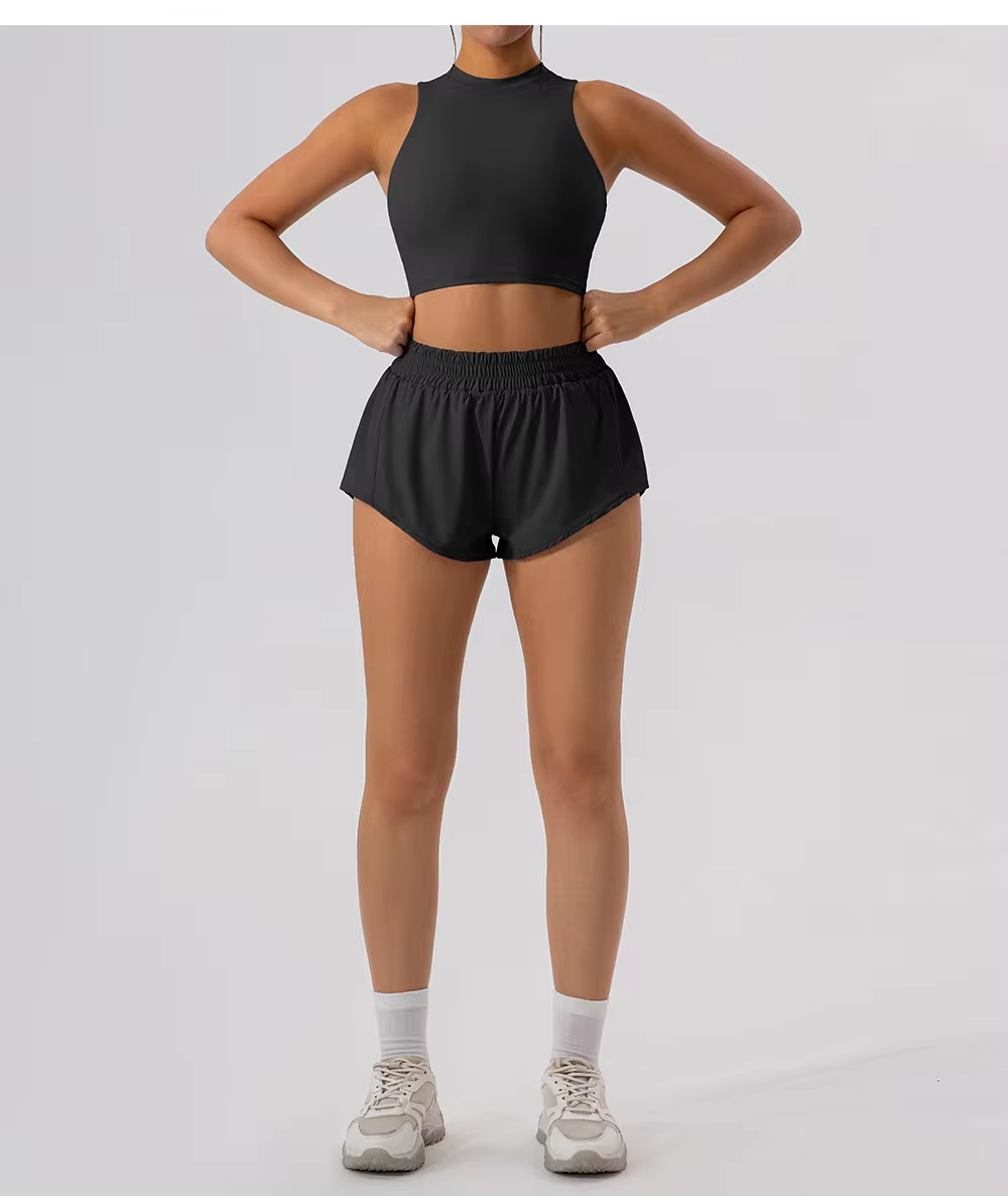 Dordor Yoga Set Clothing High Neckline Top Waist Folds Shorts Fitness Sportswear Yoga Set