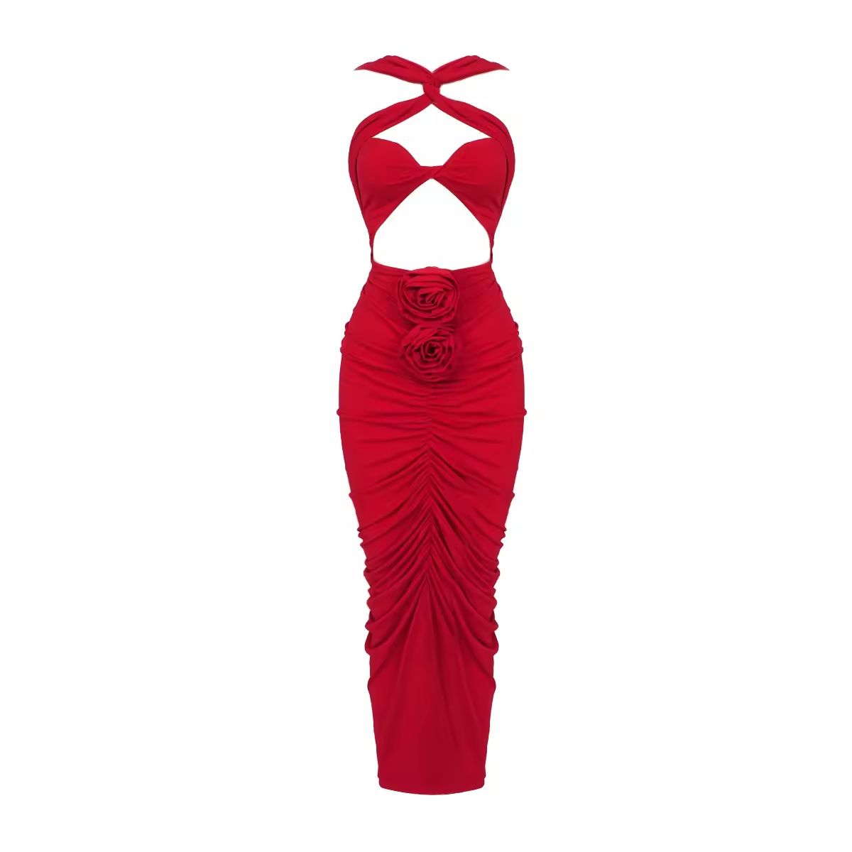 Western Style Red Women Midi Prom Dress Cutout Pleated Sexy Women Party Dress3