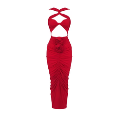 Western Style Red Women Midi Prom Dress Cutout Pleated Sexy Women Party Dress3