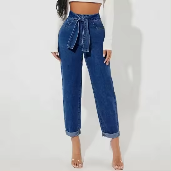 custom high waist women belted jeans
